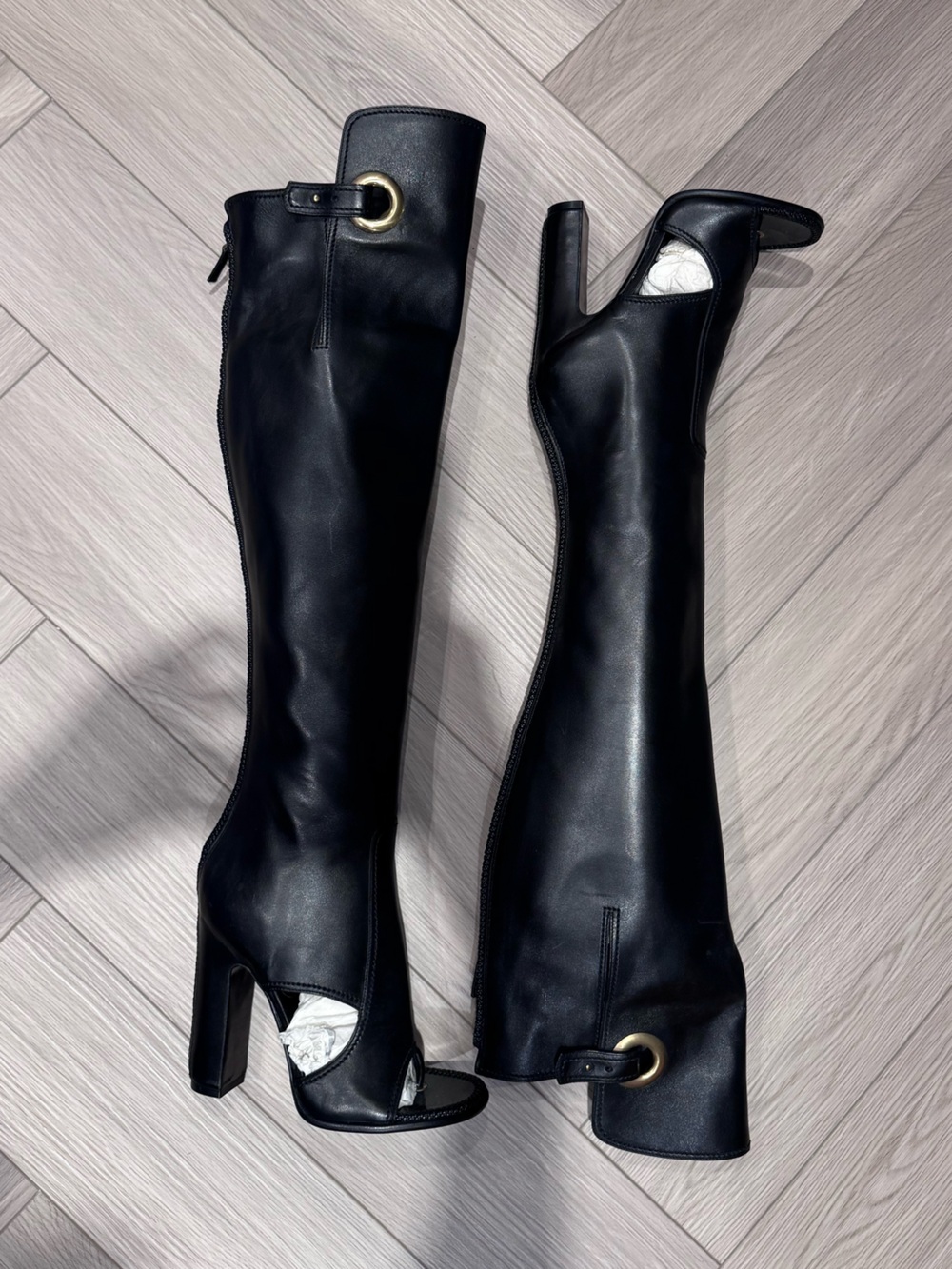 salvatore ferragamo Black Knee-High Peep-Toe Leather Boots
